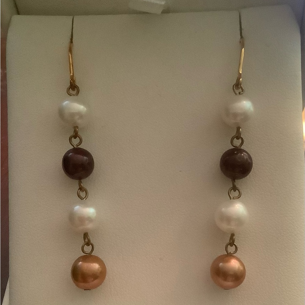 Na Hoku 4 Multicolored Dangled Pearls Yellow Gold Hook Earrings Discontinued NWT